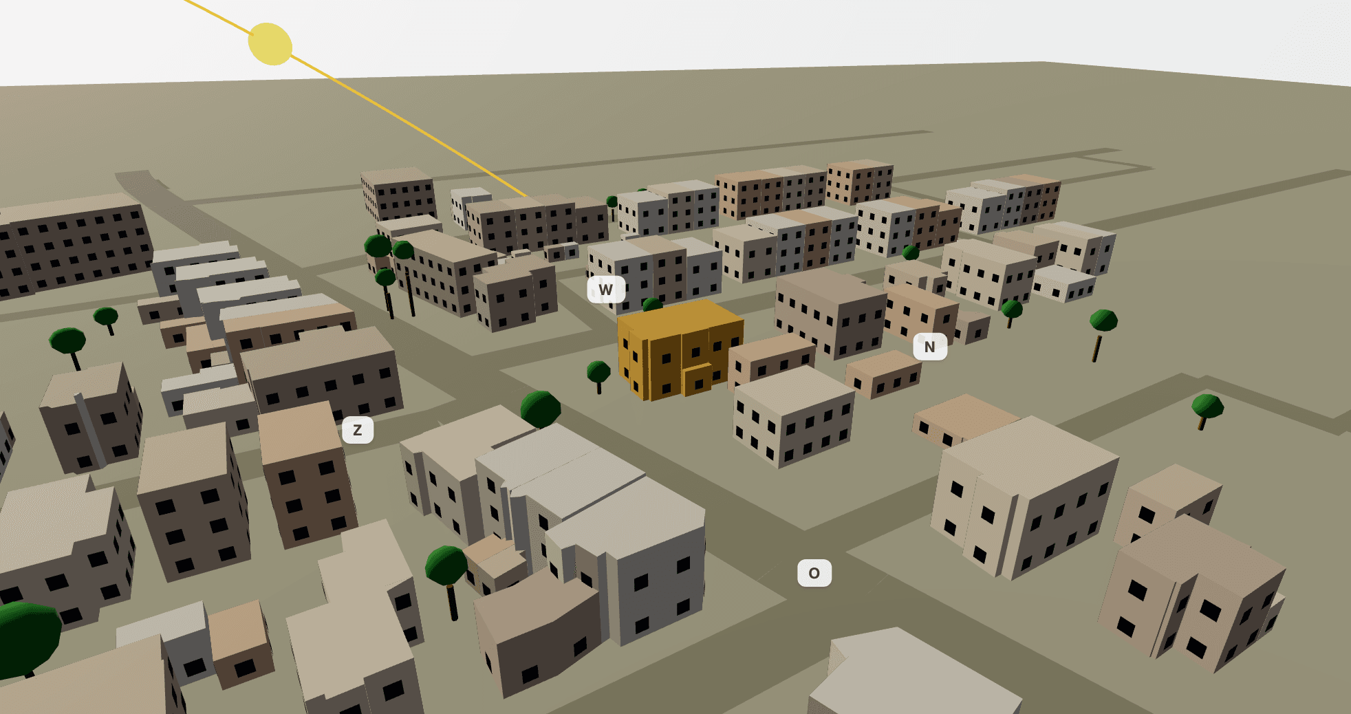 3D-weergave van de woning (in amber) en de omliggende bebouwing, met de berekende slagschaduw op 21 maart om 16:00 uur